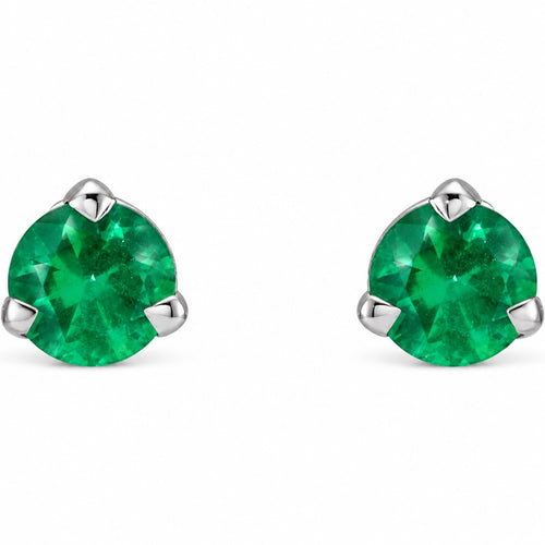 14K Gold Natural Emerald 3-Prong Claw Stud Earrings — 14K White Gold, view 2