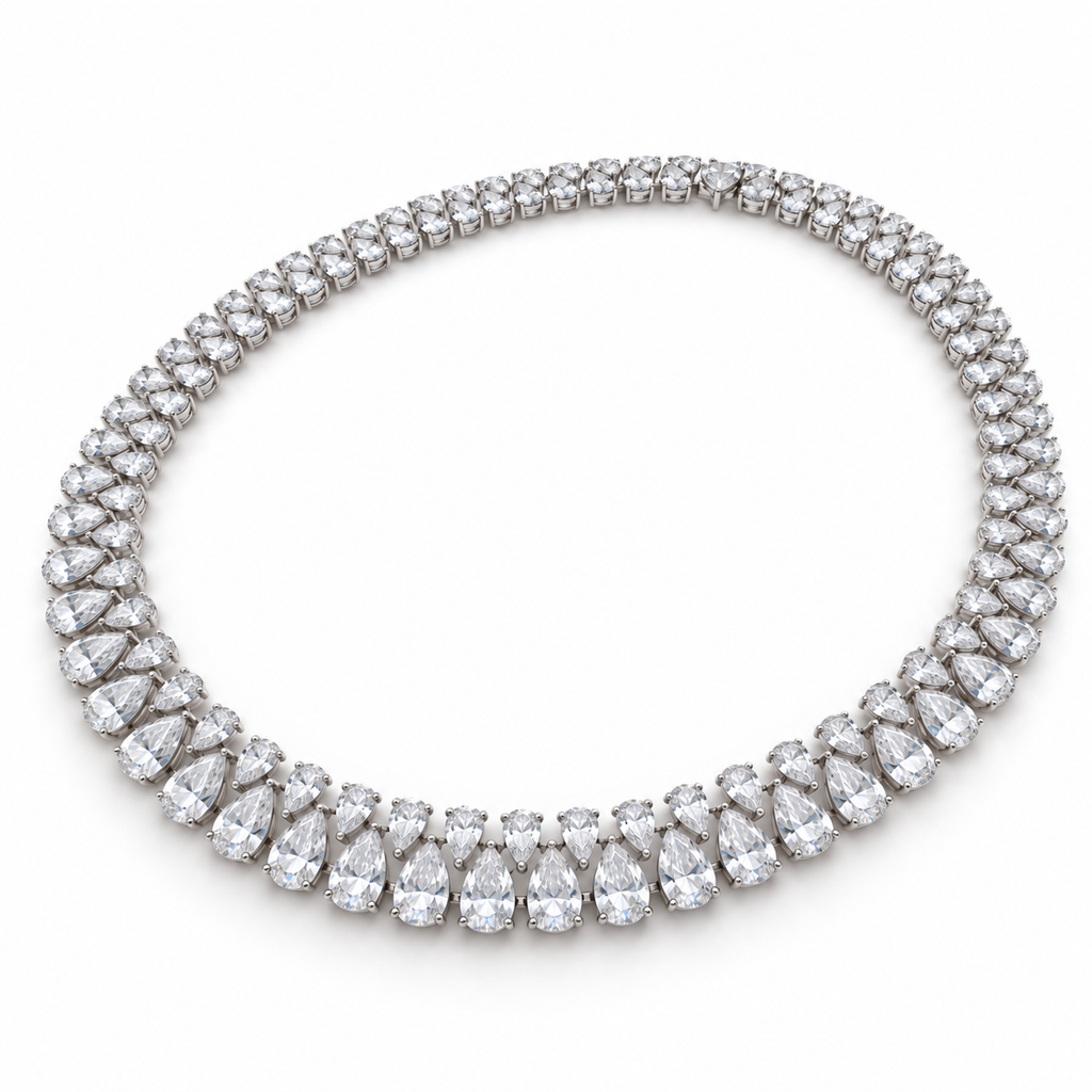 Angled view of alternating pear diamond necklace