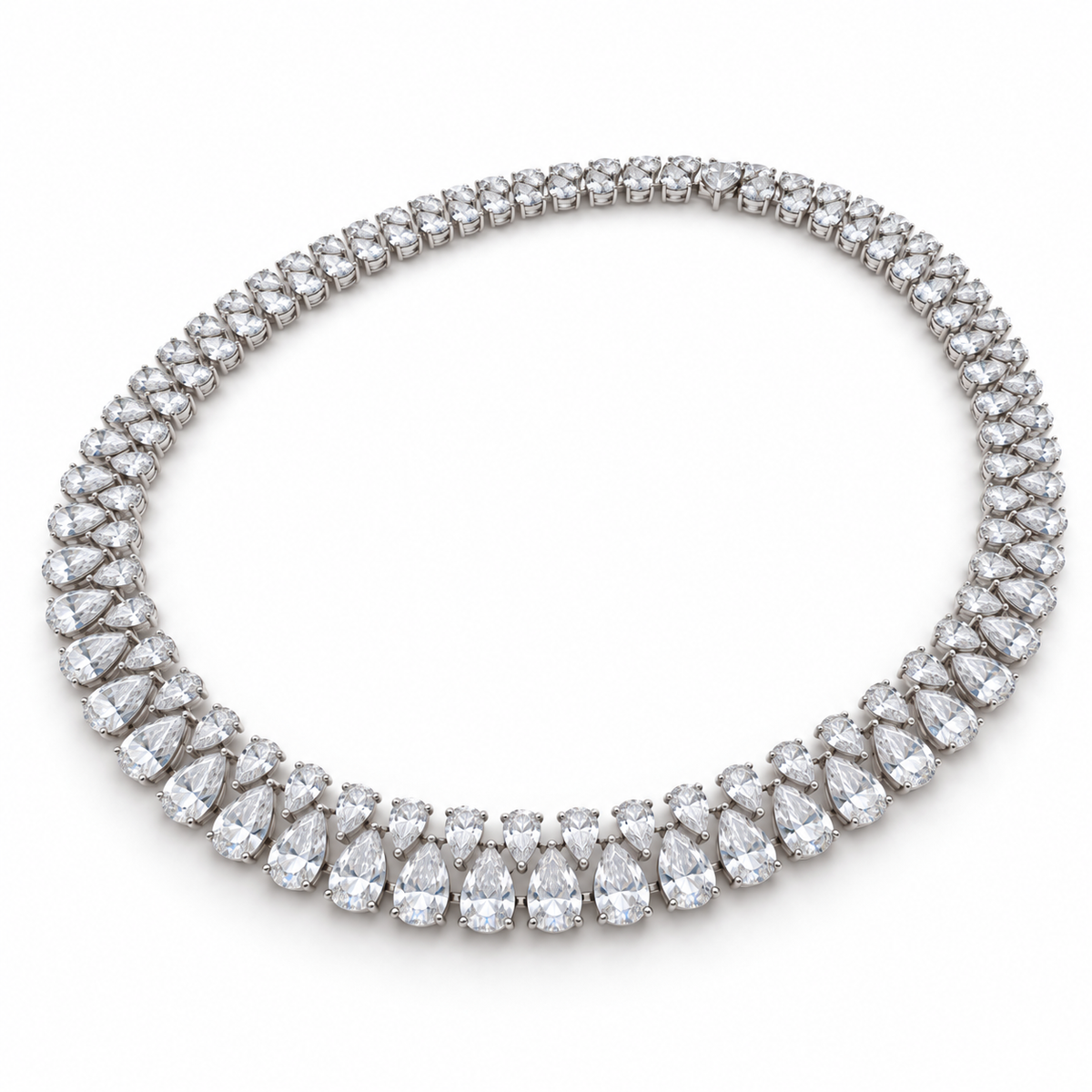 Angled view of alternating pear diamond necklace