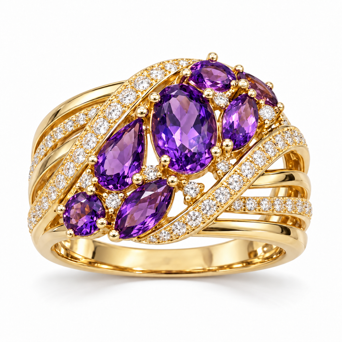 Amethyst and diamond openwork ring in 14K yellow gold — front view