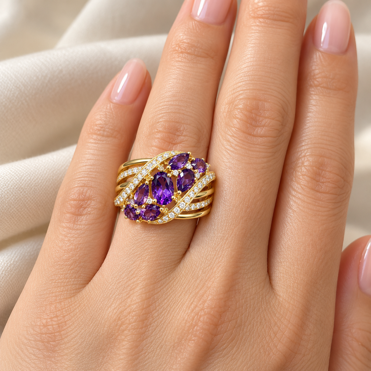 Amethyst and diamond openwork ring — on-hand view