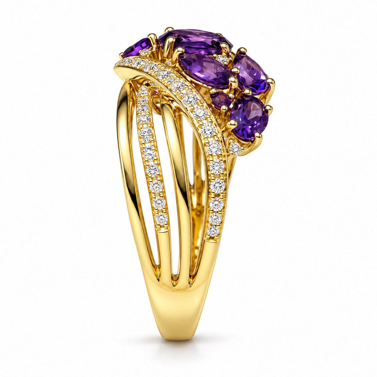 Amethyst and diamond openwork ring in 14K yellow gold — side view