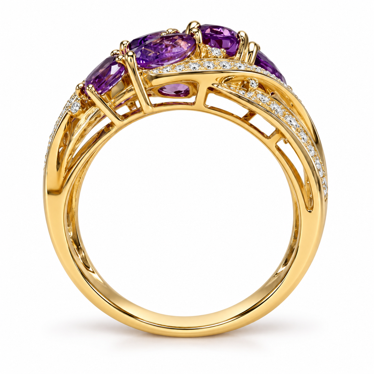 Amethyst and diamond openwork ring — inner gallery and plain gold shank