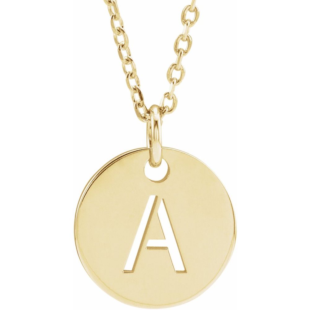 Initial A 14K yellow gold 10 mm cutout disc necklace studio view