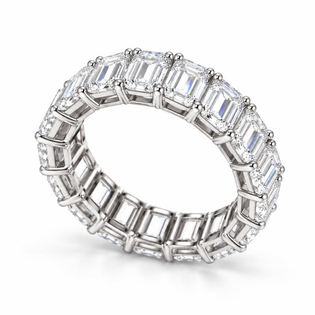 Emerald-cut E VVS2 lab-grown diamond eternity band, 2.50 x 3.50 mm stones, white gold, angle view