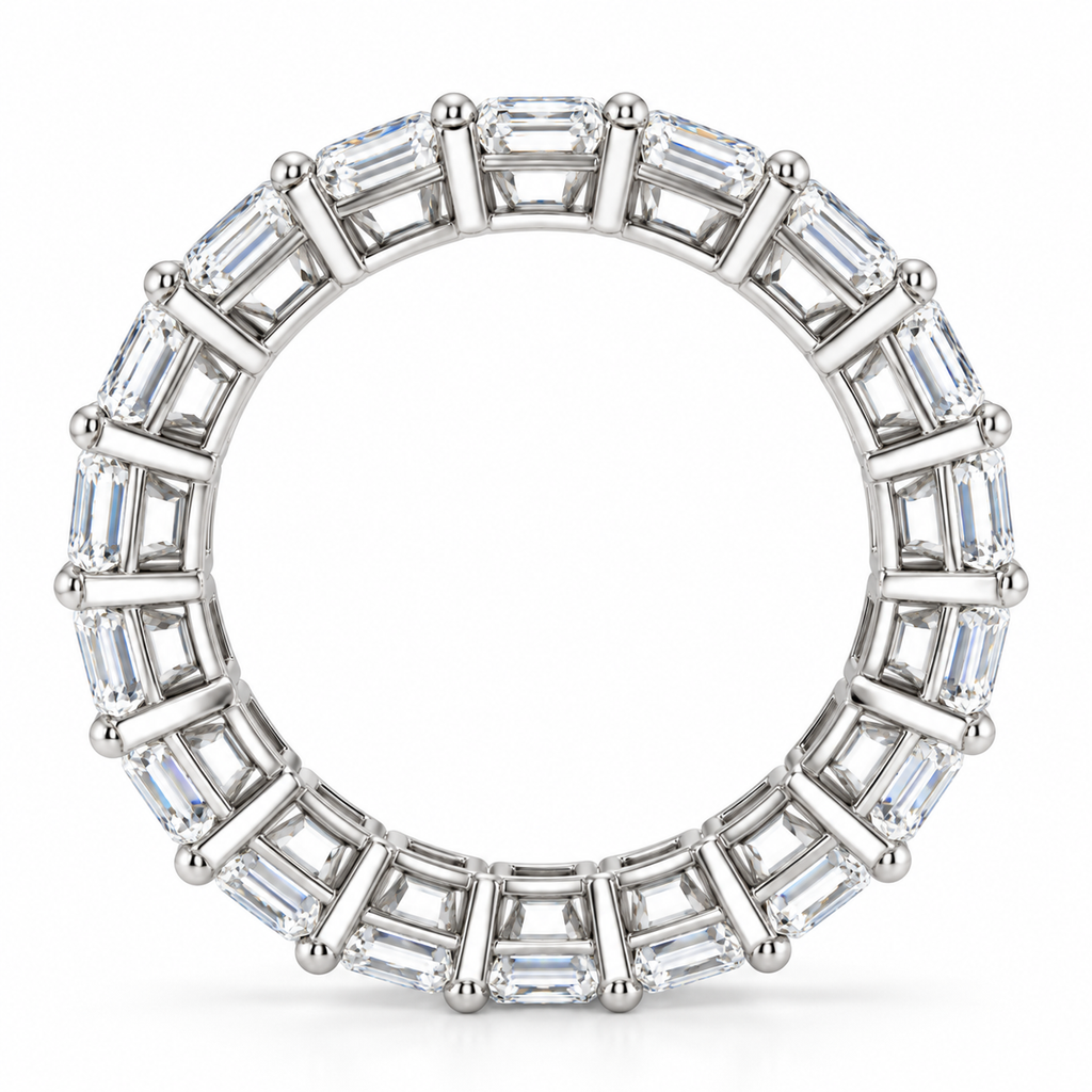Emerald-cut E VVS2 lab-grown diamond eternity band, 2.50 x 3.50 mm stones, white gold, profile view