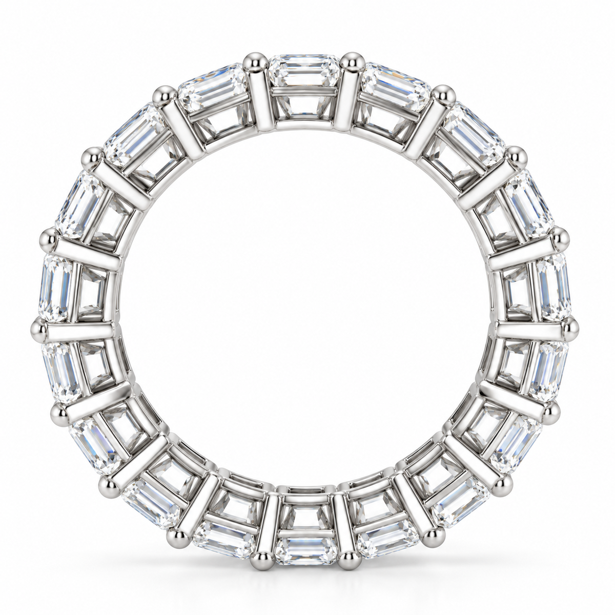 Emerald-cut E VVS2 lab-grown diamond eternity band, 2.50 x 3.50 mm stones, white gold, profile view