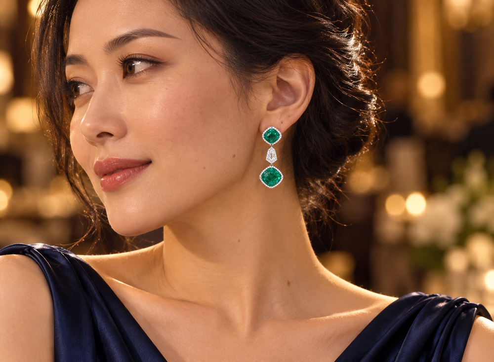 Green gemstone and diamond drop earrings worn with a navy dress