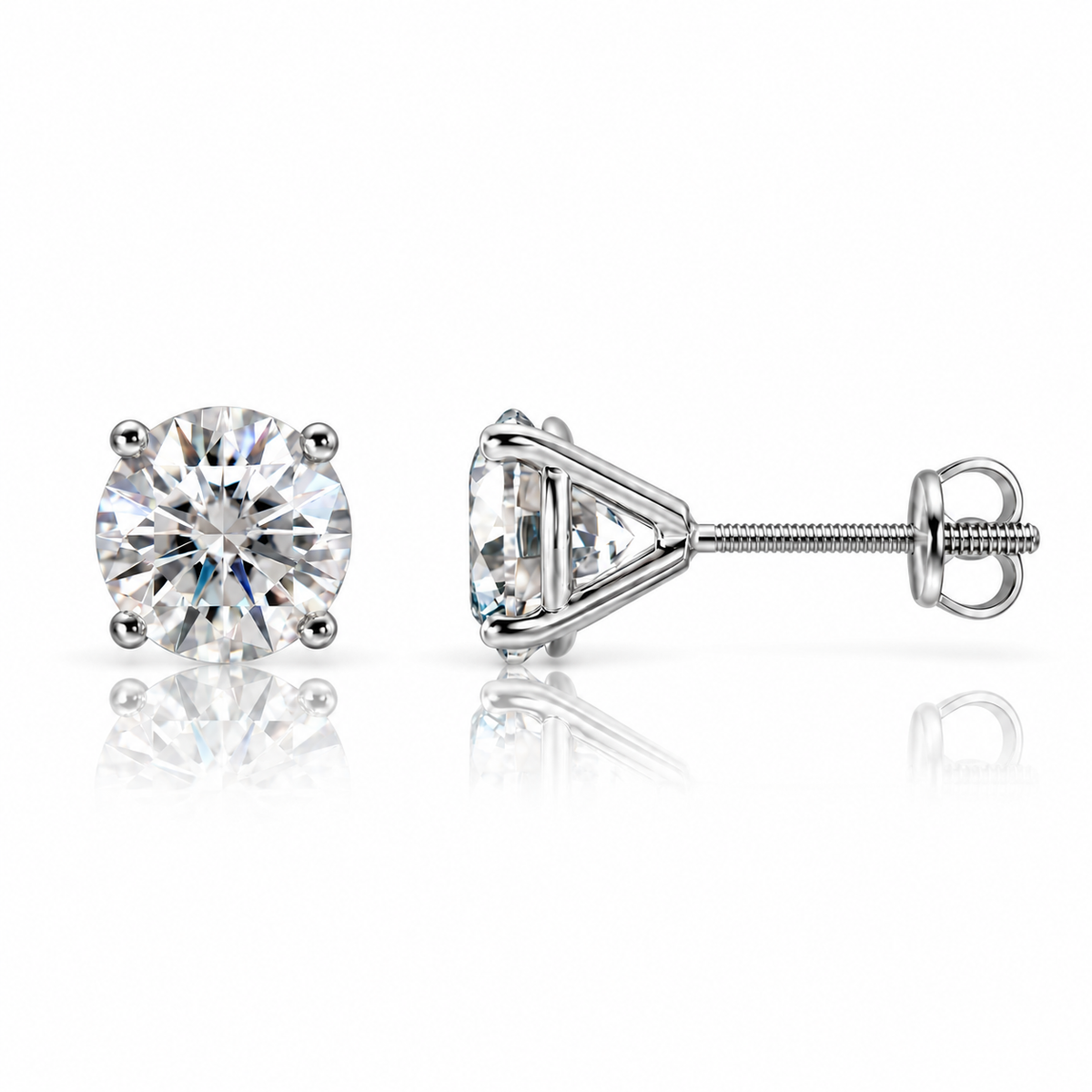 Round diamond stud earrings in white gold, front and screw-back views