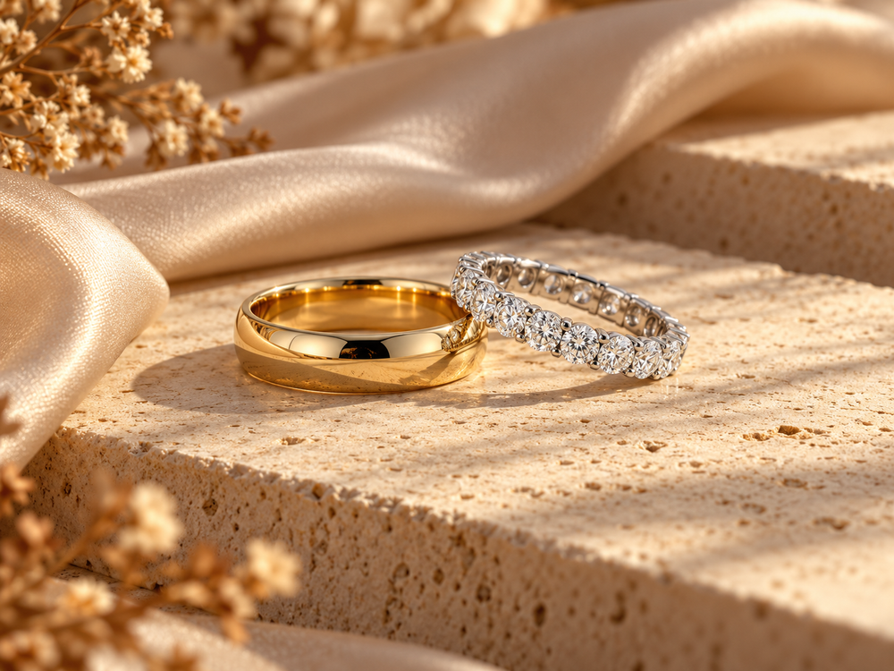 Gold wedding band and diamond eternity band on warm ivory stone