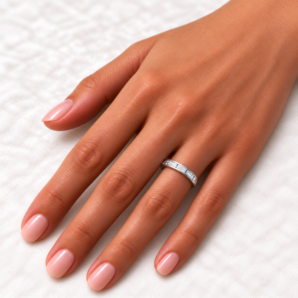 Baguette channel-set lab-grown diamond eternity band, 3 x 1.5 mm diamonds, 14K white gold, on-hand view