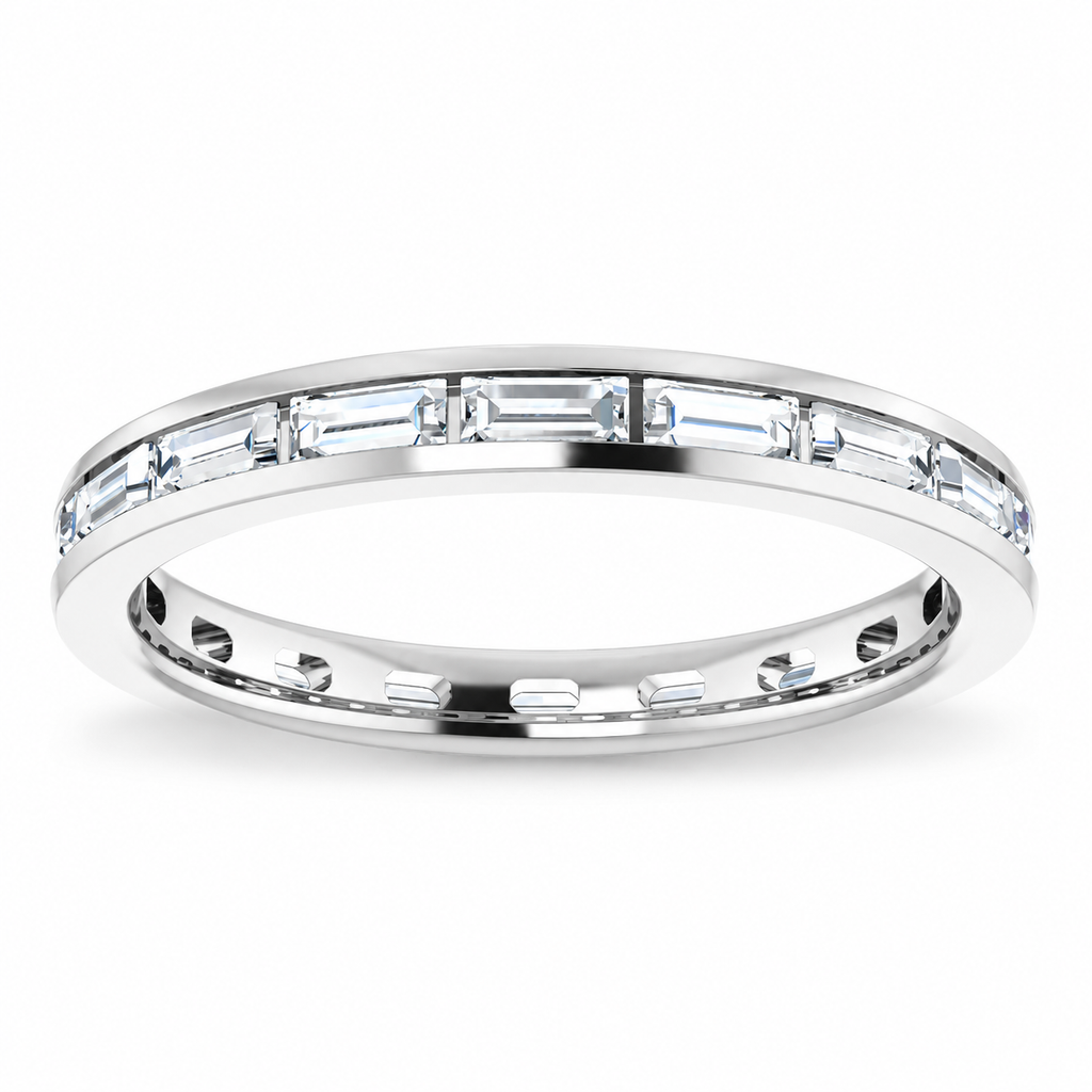 Baguette channel-set lab-grown diamond eternity band, 3 x 1.5 mm diamonds, 14K white gold, front studio view