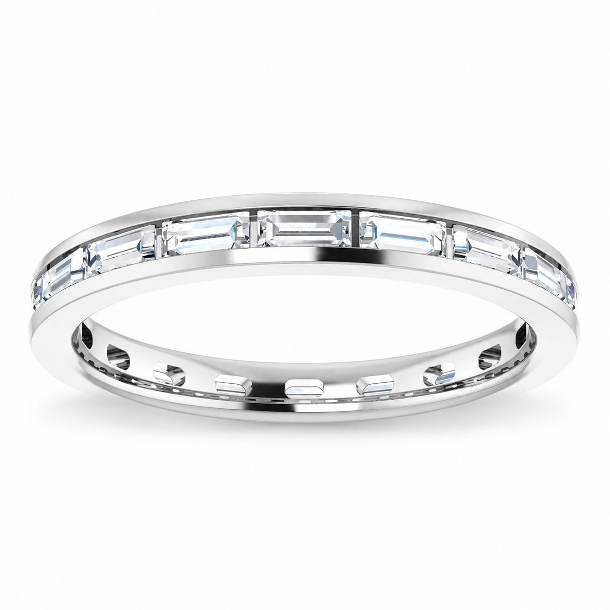 Baguette channel-set lab-grown diamond eternity band, 3 x 1.5 mm diamonds, 14K white gold, front studio view