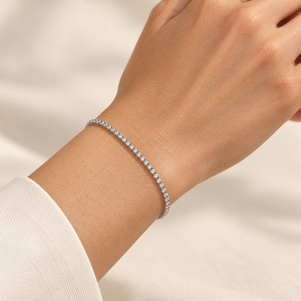 1.00 CTW, 1.3 mm lab-grown diamond tennis bracelet — white gold on-wrist view