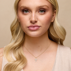 14K Yellow Gold 1/6 CTW lab-grown diamond cross necklace – 8.7 x 6.6 mm – on-body styling illustration