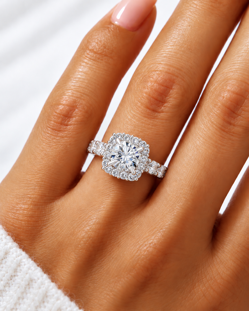 Daisy Lab Grown Ring — white gold — on hand