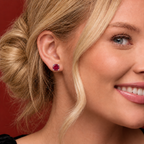 14K Gold Lab-Grown Ruby Scroll Setting® Stud Earrings — 14K White Gold — illustrative on-ear view