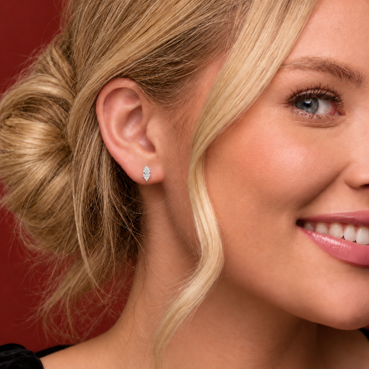 14K White Gold earrings — 5 x 2.5mm — 1/3 CTW, illustrative on-ear view — 1875:LG4011:P
