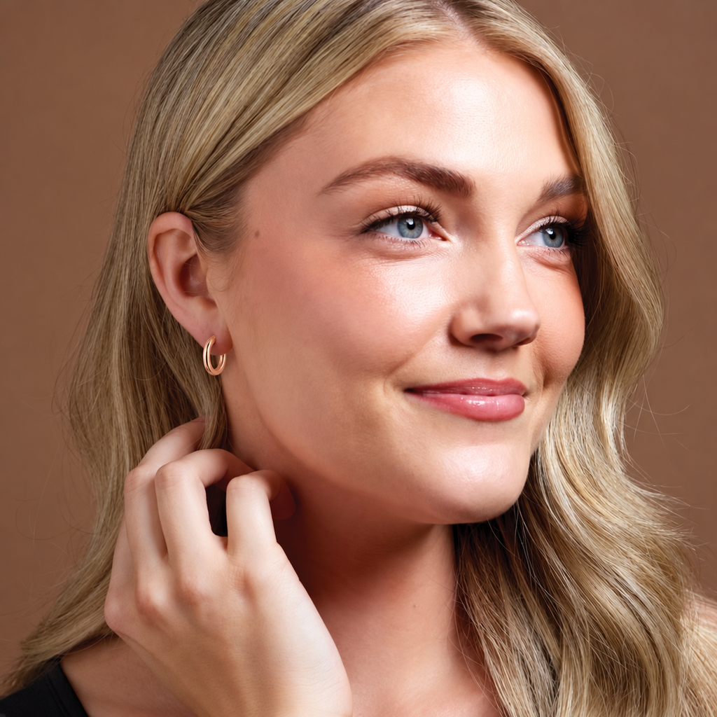 14K Rose Gold earrings — 13 mm diameter — 2 mm tube, illustrative on-ear view — 20270:6020:P