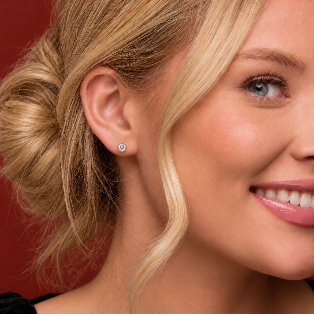 14K Rose Gold earrings — 4.8mm — 3/4 CTW, illustrative on-ear view — 29921:LG60018:P