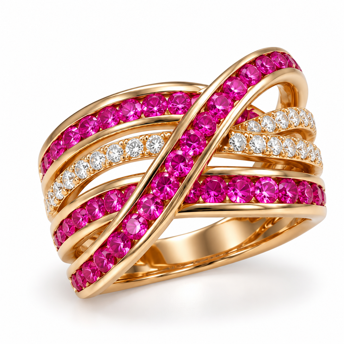 EFFY natural ruby and diamond crossover ring in 14K rose gold, angled view