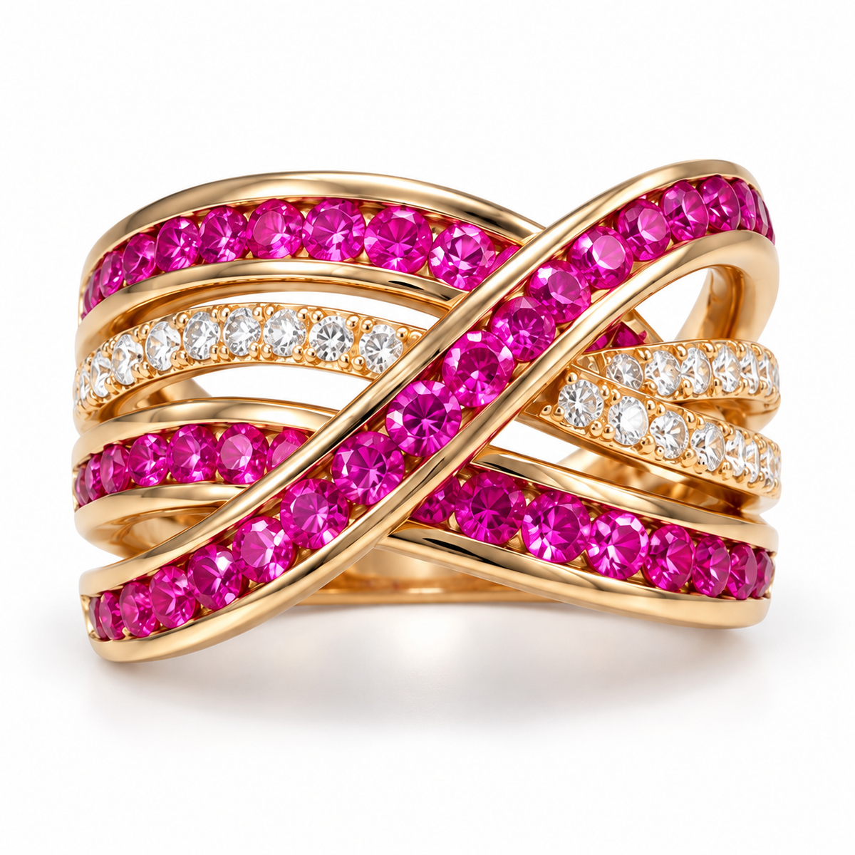 EFFY natural ruby and diamond crossover ring in 14K rose gold, front view