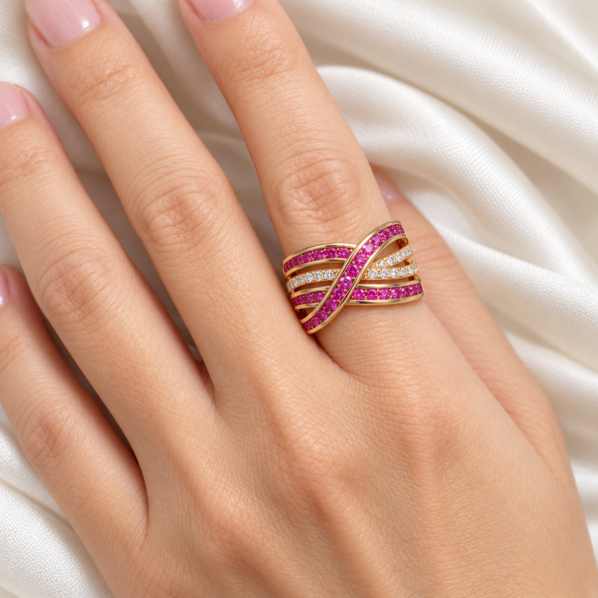 EFFY natural ruby and diamond crossover ring in 14K rose gold, on-hand view
