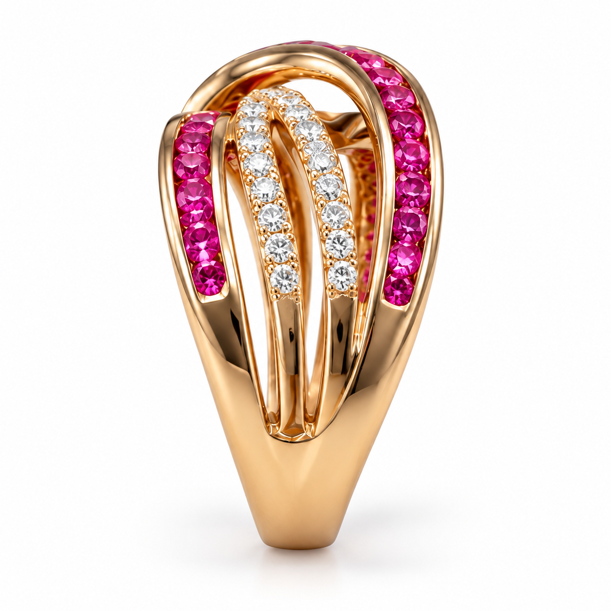 EFFY natural ruby and diamond crossover ring in 14K rose gold, side view