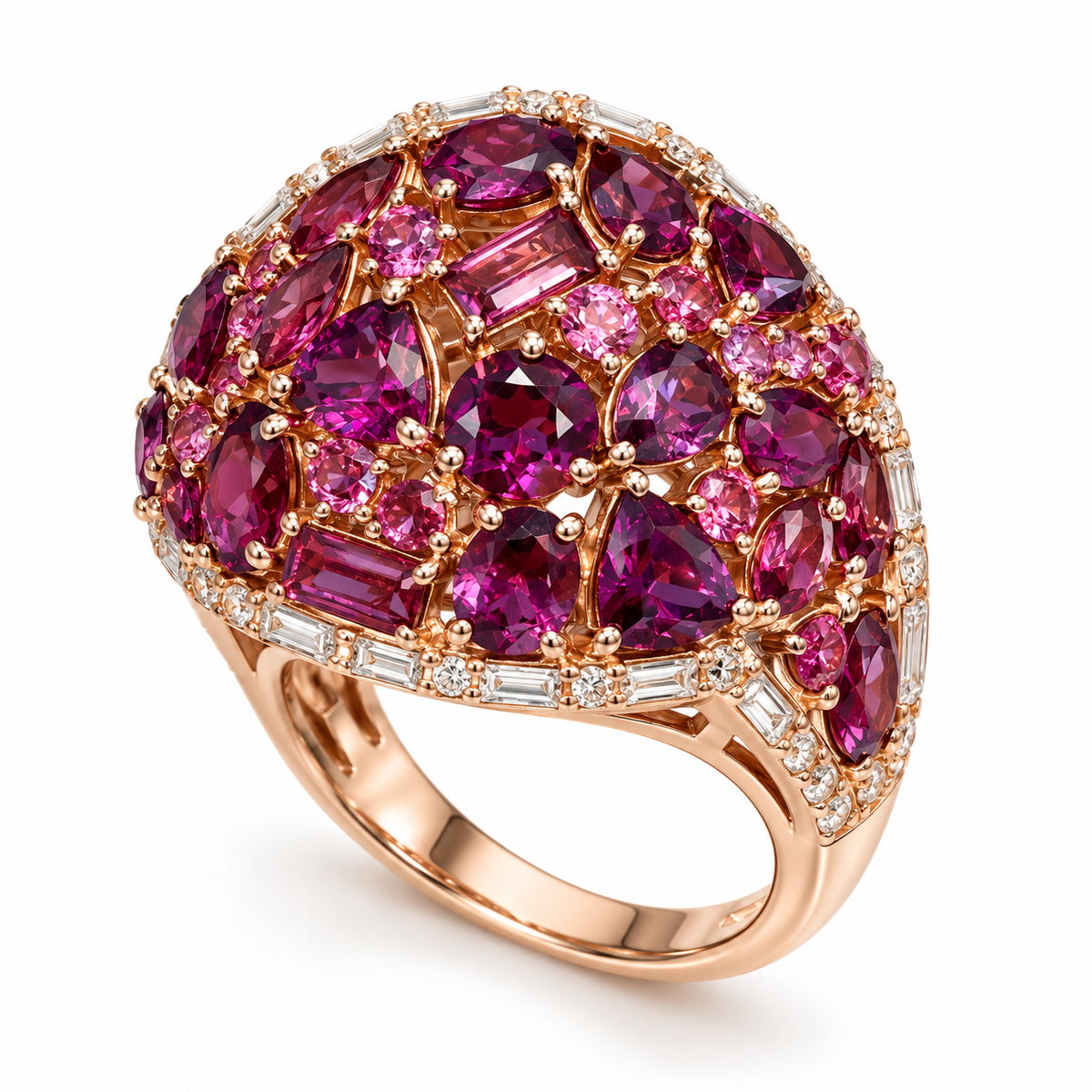 Angled view of EFFY rhodolite and diamond dome ring in 14K rose gold