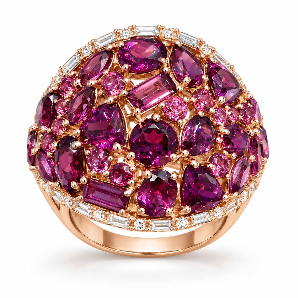 Front view of EFFY rhodolite and diamond dome ring in 14K rose gold