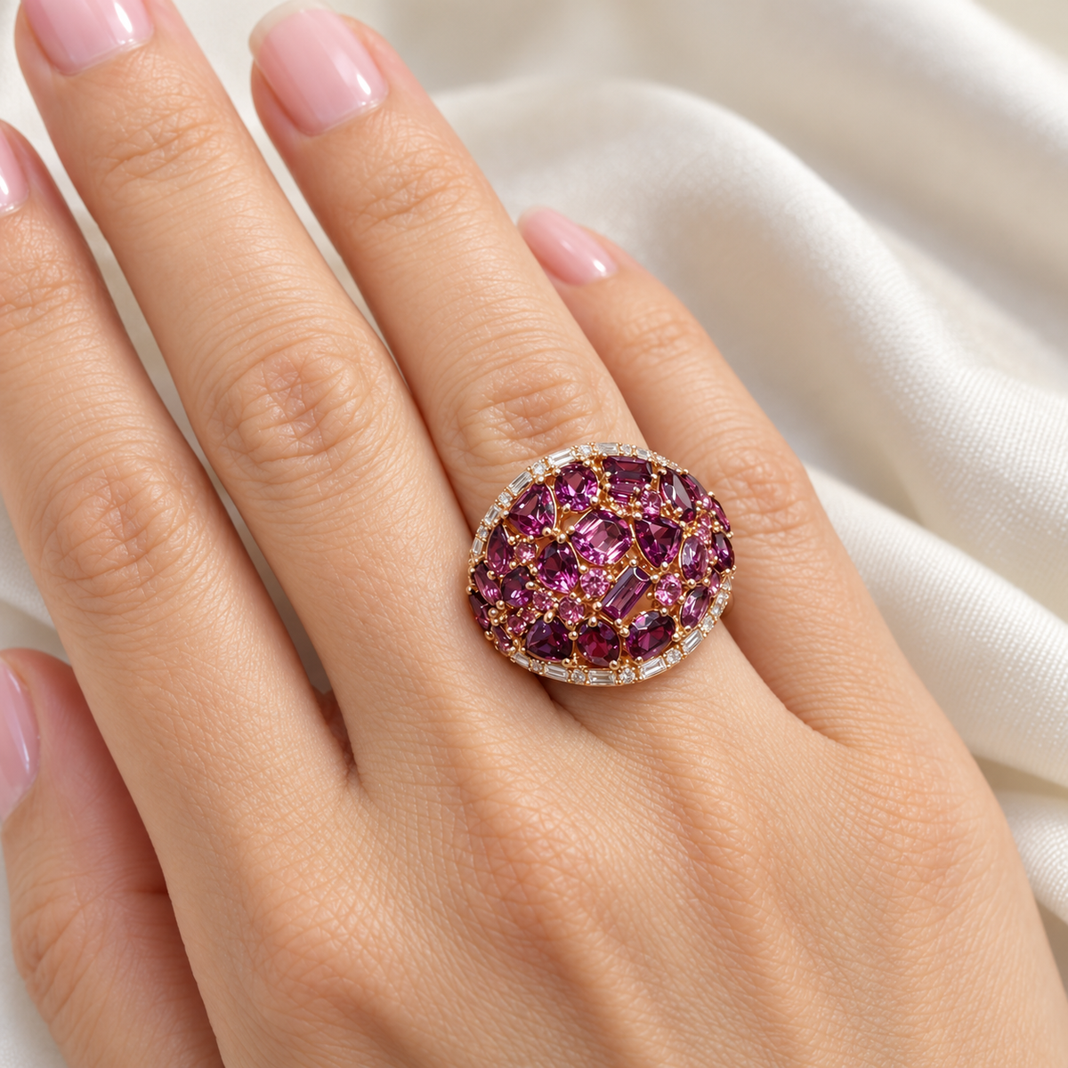 EFFY rhodolite and diamond dome ring in 14K rose gold worn on a hand