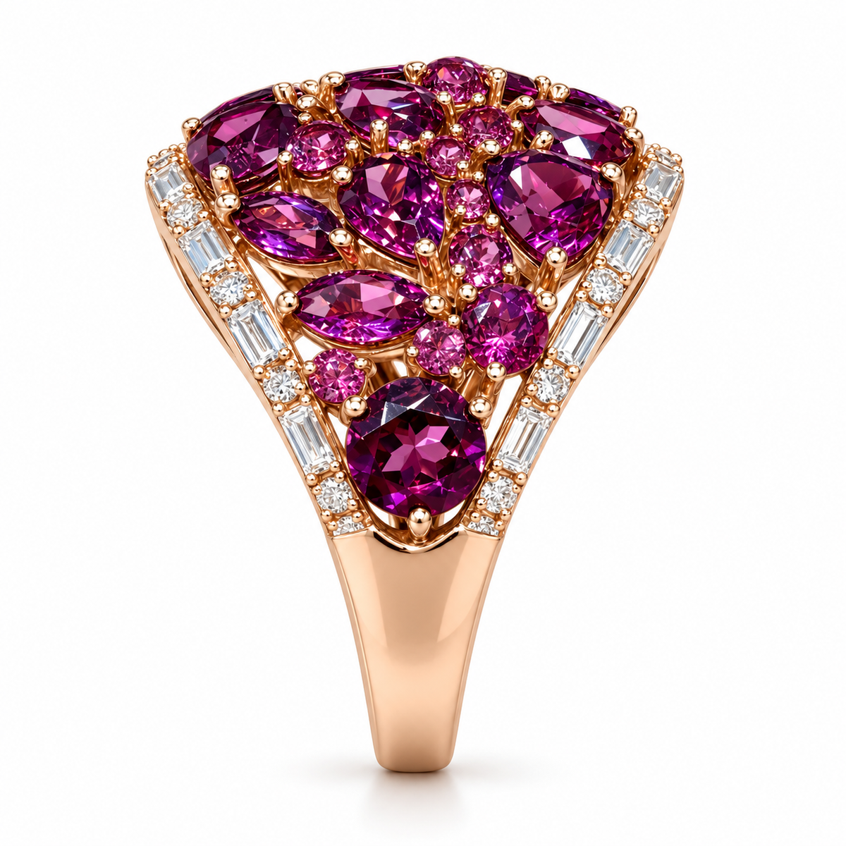 Side view showing the tapered shoulder of EFFY rhodolite and diamond dome ring