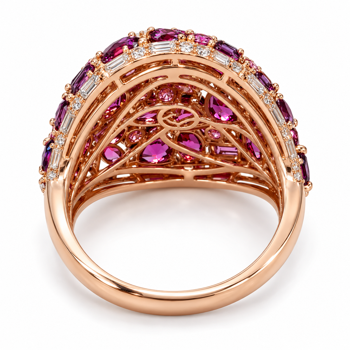 Underside view showing the openwork gallery of EFFY rhodolite and diamond dome ring