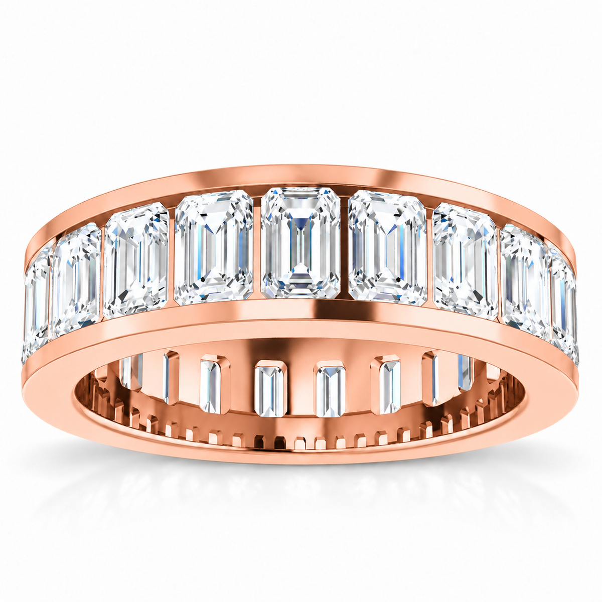 Emerald-cut channel-set lab-grown diamond eternity band, 5 x 3 mm diamonds, 14K rose gold, front studio view