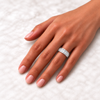 Emerald-cut channel-set lab-grown diamond eternity band, 5 x 3 mm diamonds, 14K white gold, on-hand view