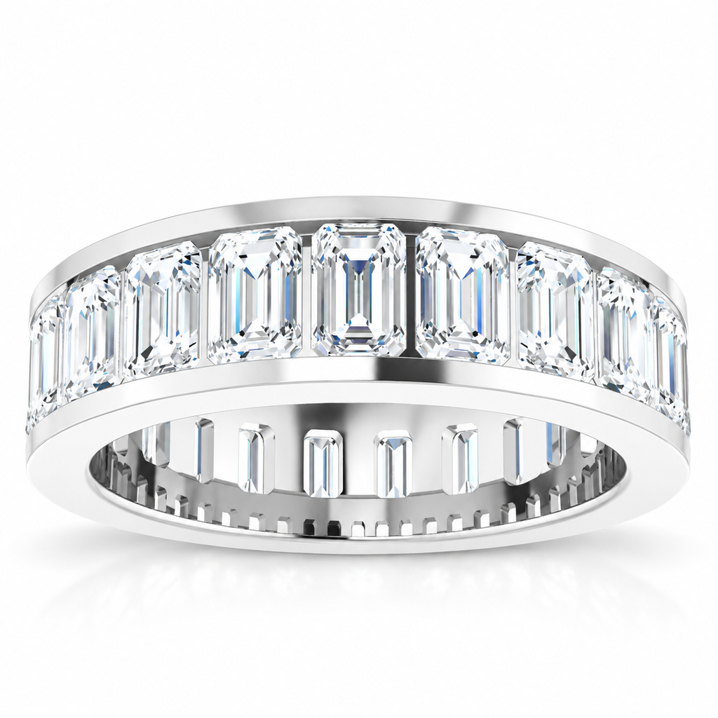 Emerald-cut channel-set lab-grown diamond eternity band, 5 x 3 mm diamonds, 14K white gold, front studio view