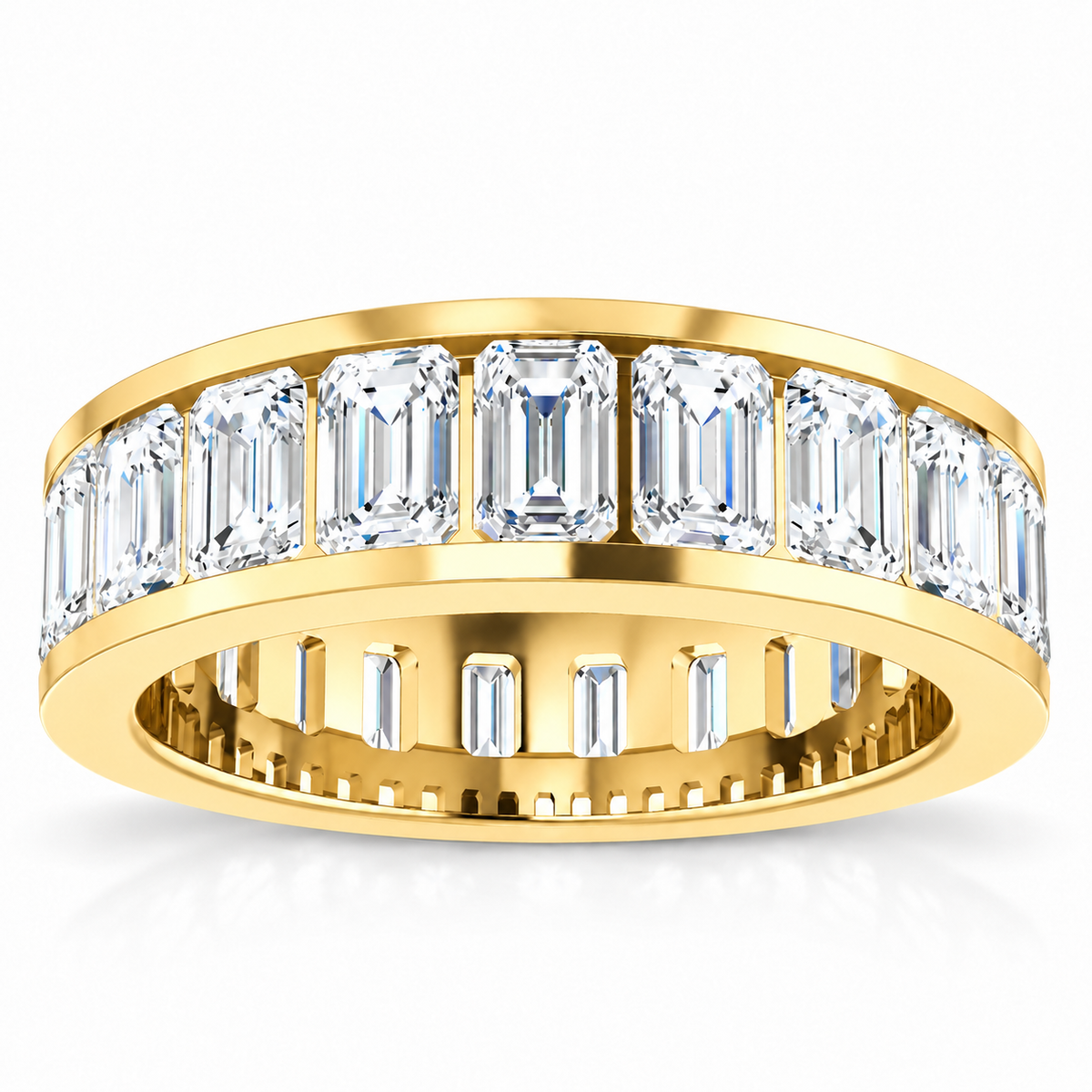 Emerald-cut channel-set lab-grown diamond eternity band, 5 x 3 mm diamonds, 14K yellow gold, front studio view