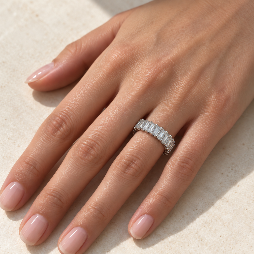 14K White Gold emerald-cut shared U-prong lab-grown diamond eternity band, 5 x 3 mm diamonds, on-hand view