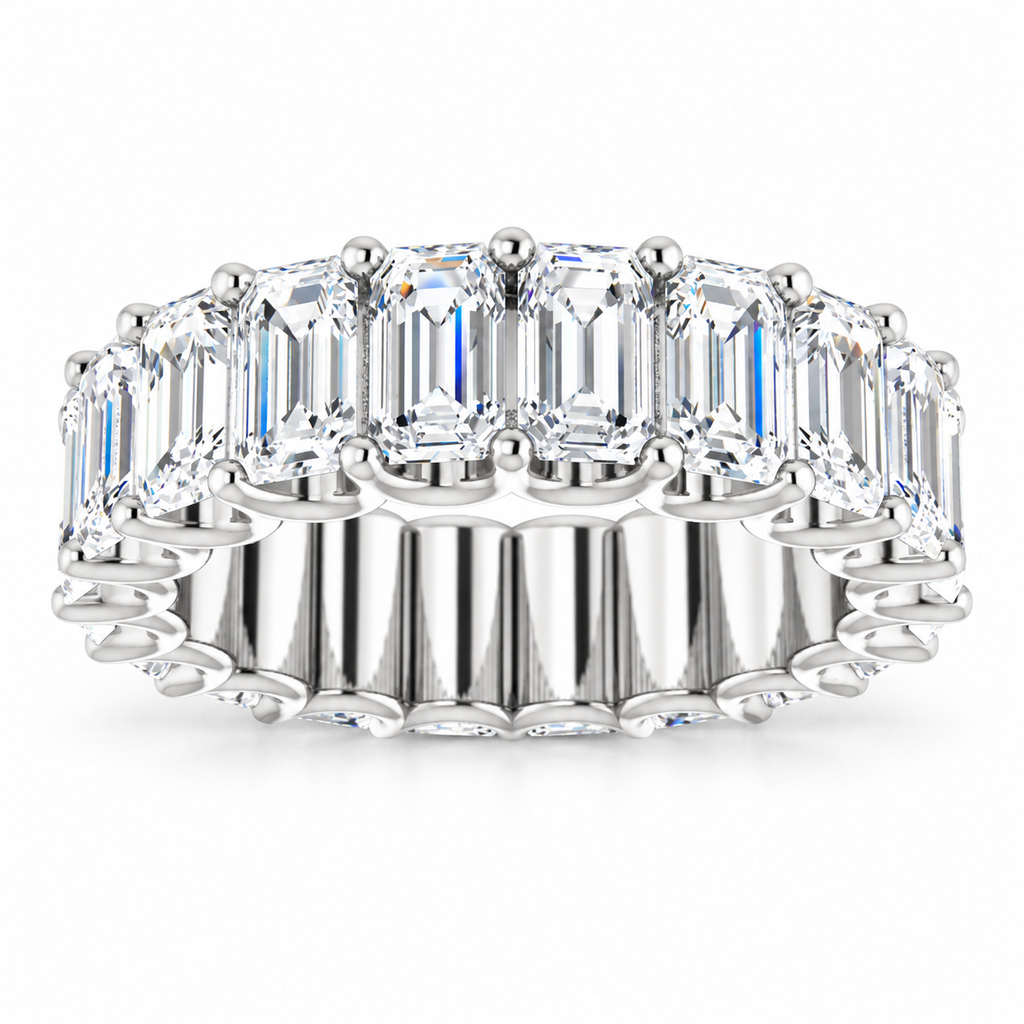 14K White Gold emerald-cut shared U-prong lab-grown diamond eternity band, 5 x 3 mm diamonds, studio front view