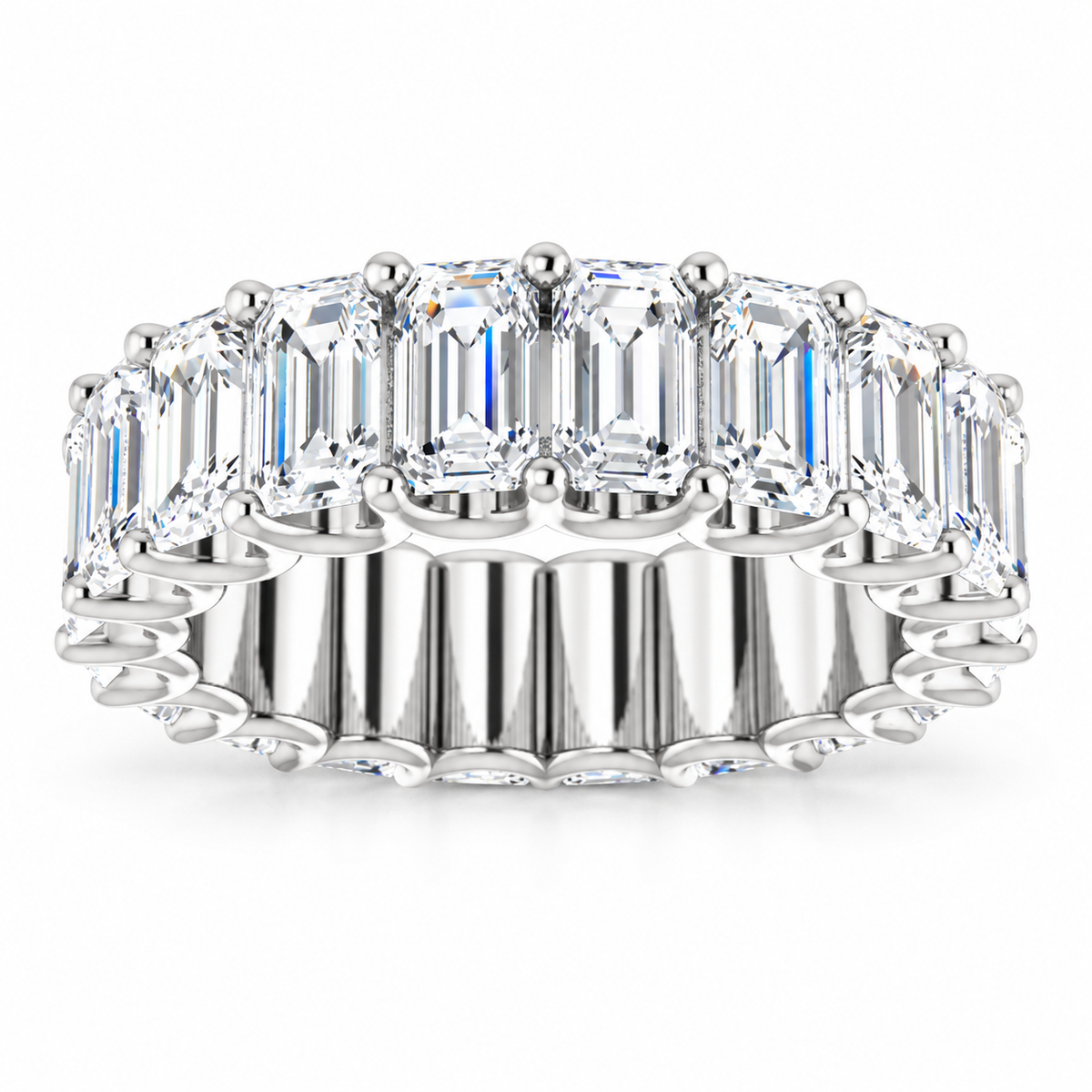 14K White Gold emerald-cut shared U-prong lab-grown diamond eternity band, 5 x 3 mm diamonds, studio front view