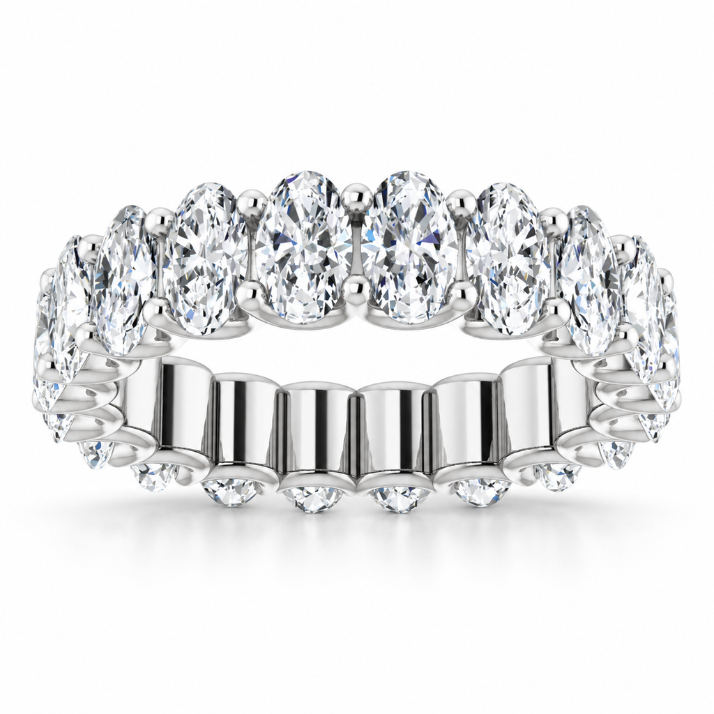 14K White Gold oval shared U-prong lab-grown diamond eternity band, 5 x 3 mm diamonds, studio front view