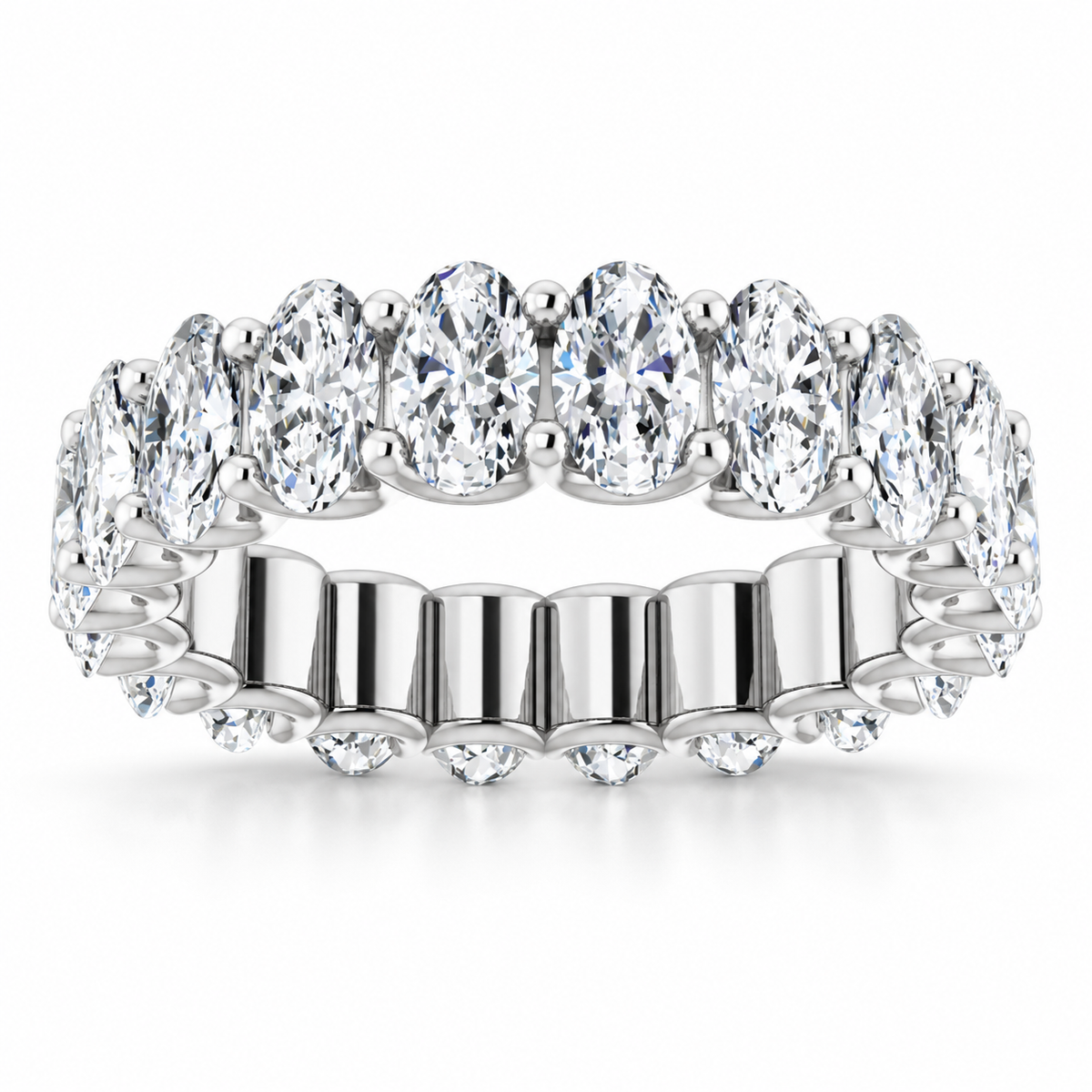 14K White Gold oval shared U-prong lab-grown diamond eternity band, 5 x 3 mm diamonds, studio front view