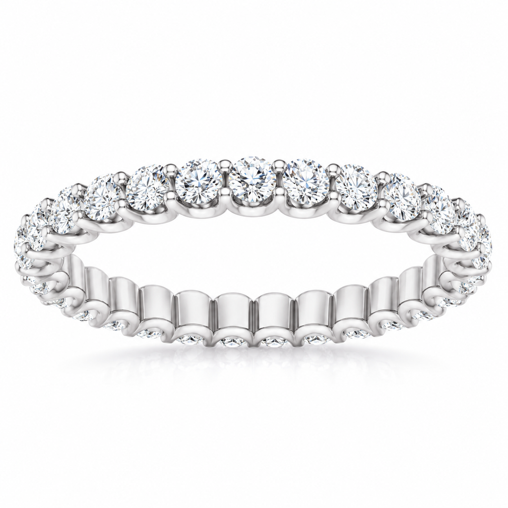 14K White Gold round shared U-prong lab-grown diamond eternity band, 2 mm diamonds, studio front view