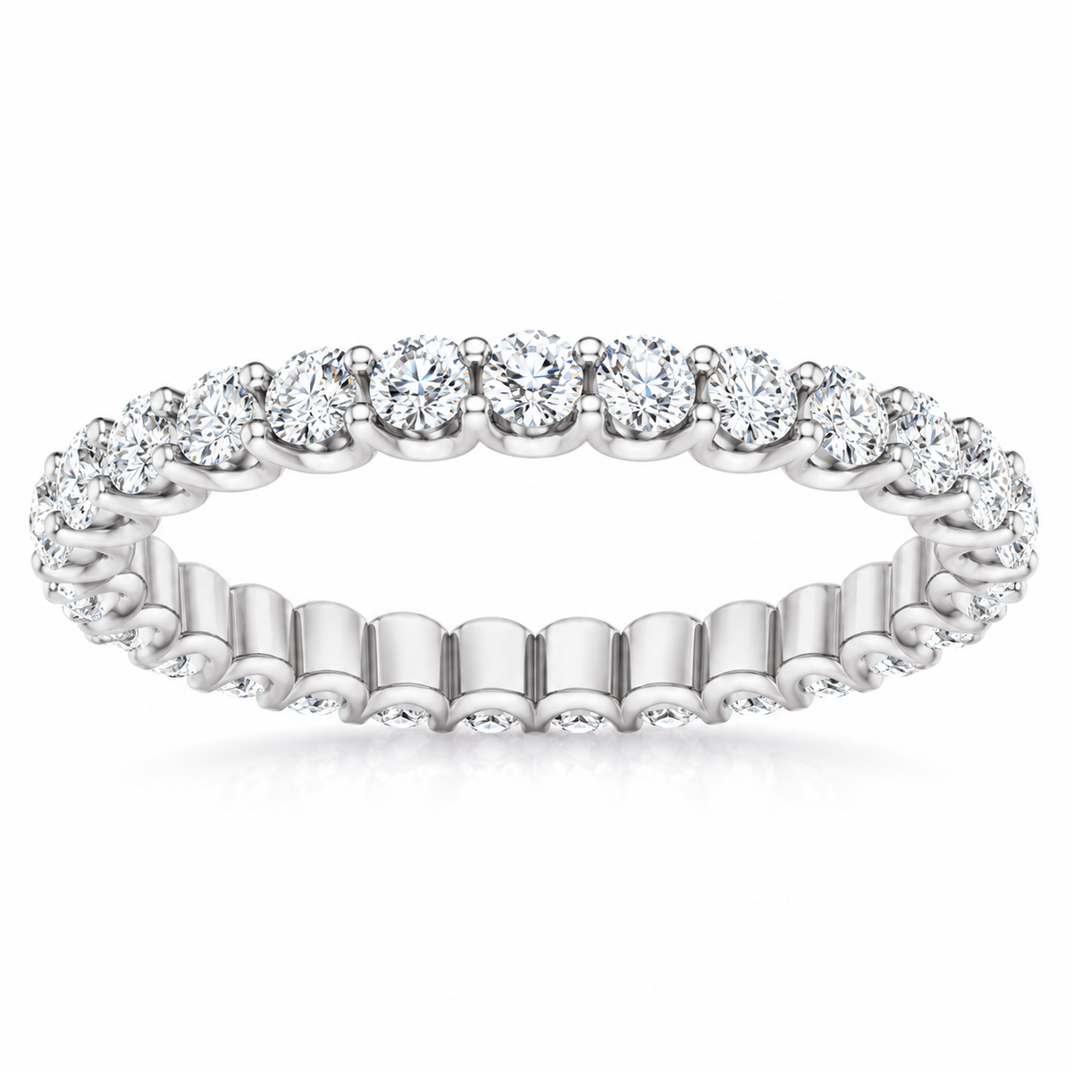 14K White Gold round shared U-prong lab-grown diamond eternity band, 2 mm diamonds, studio front view