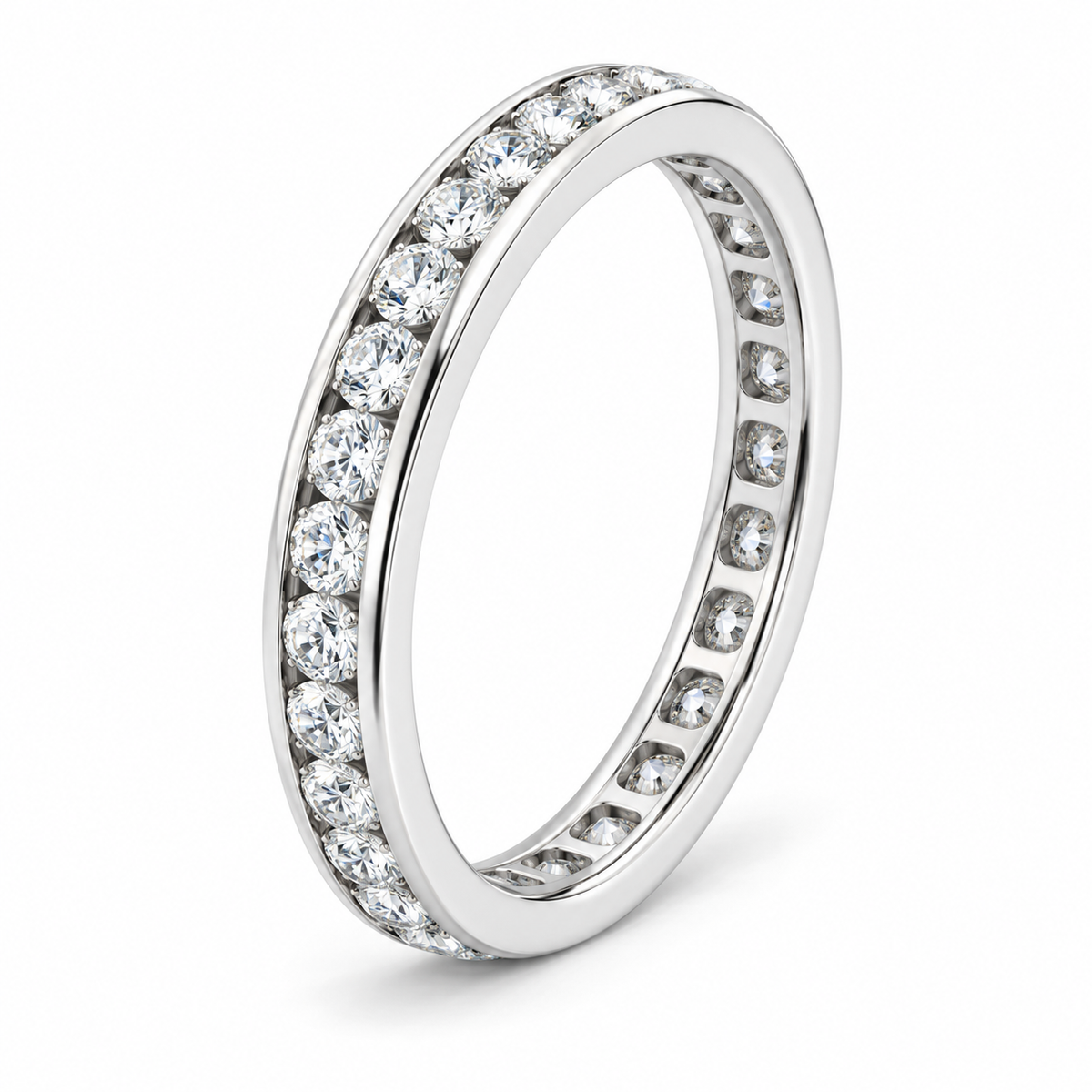 Round Channel-Set Lab-Grown Diamond Eternity Band — 2 mm — 14K white gold — studio three-quarter view