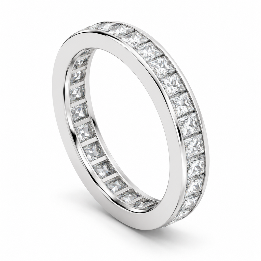 Princess-Cut Channel-Set Lab-Grown Diamond Eternity Band — 2 x 2 mm — 14K white gold — studio three-quarter view