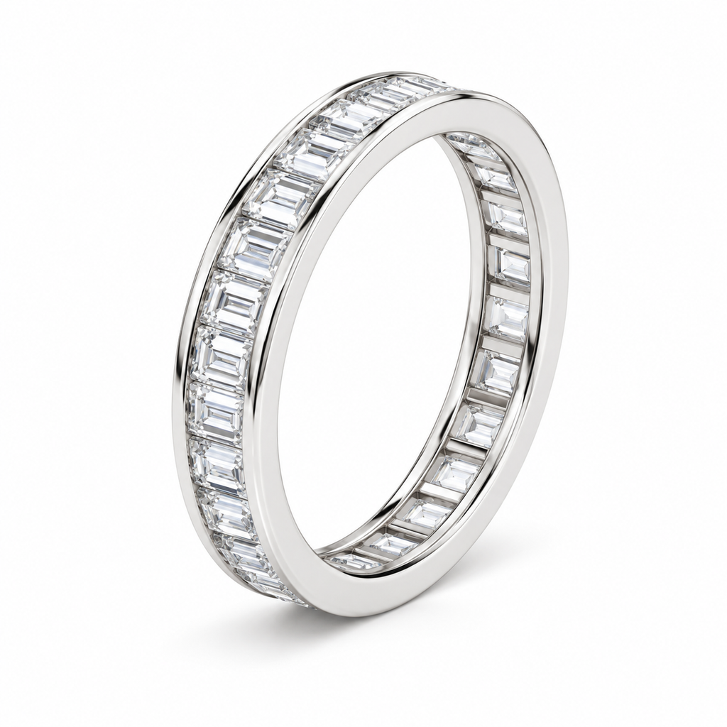 Baguette Channel-Set Lab-Grown Diamond Eternity Band — 3 x 1.5 mm — 14K white gold — studio three-quarter view