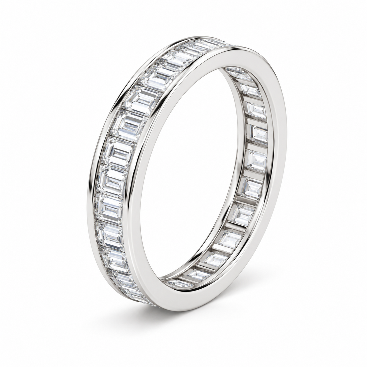 Baguette Channel-Set Lab-Grown Diamond Eternity Band — 3 x 1.5 mm — 14K white gold — studio three-quarter view