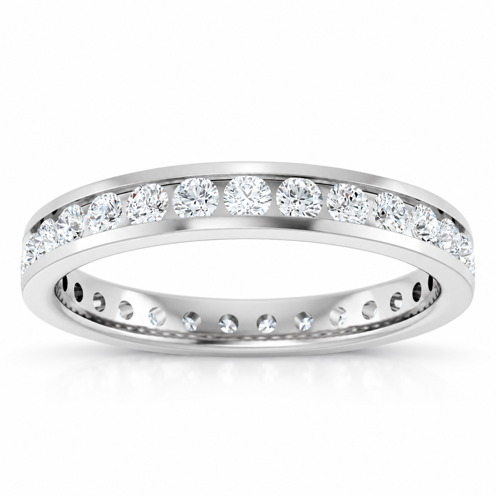 14K White Gold round channel-set lab-grown diamond eternity band, 2 mm diamonds, studio front view