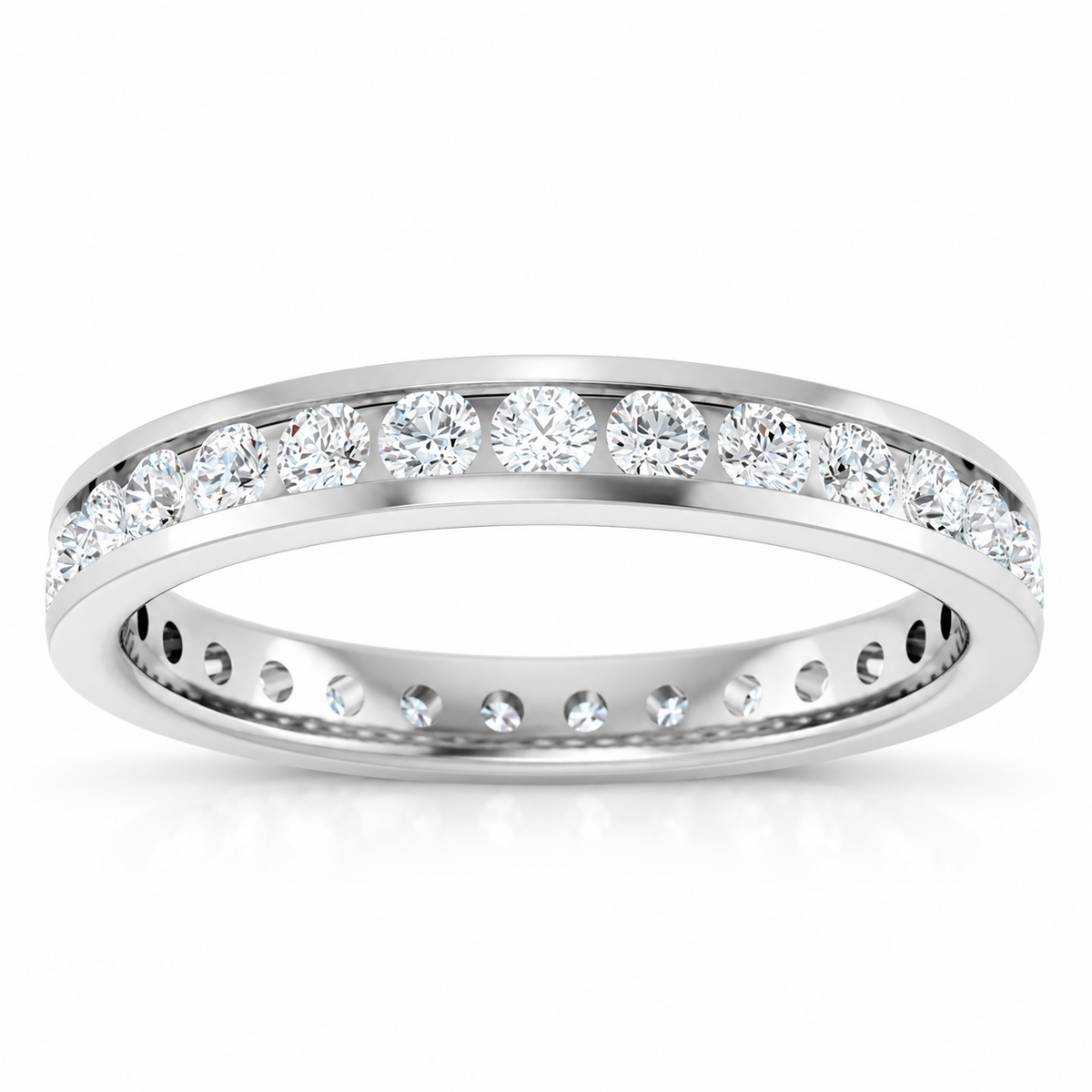 14K White Gold round channel-set lab-grown diamond eternity band, 2 mm diamonds, studio front view